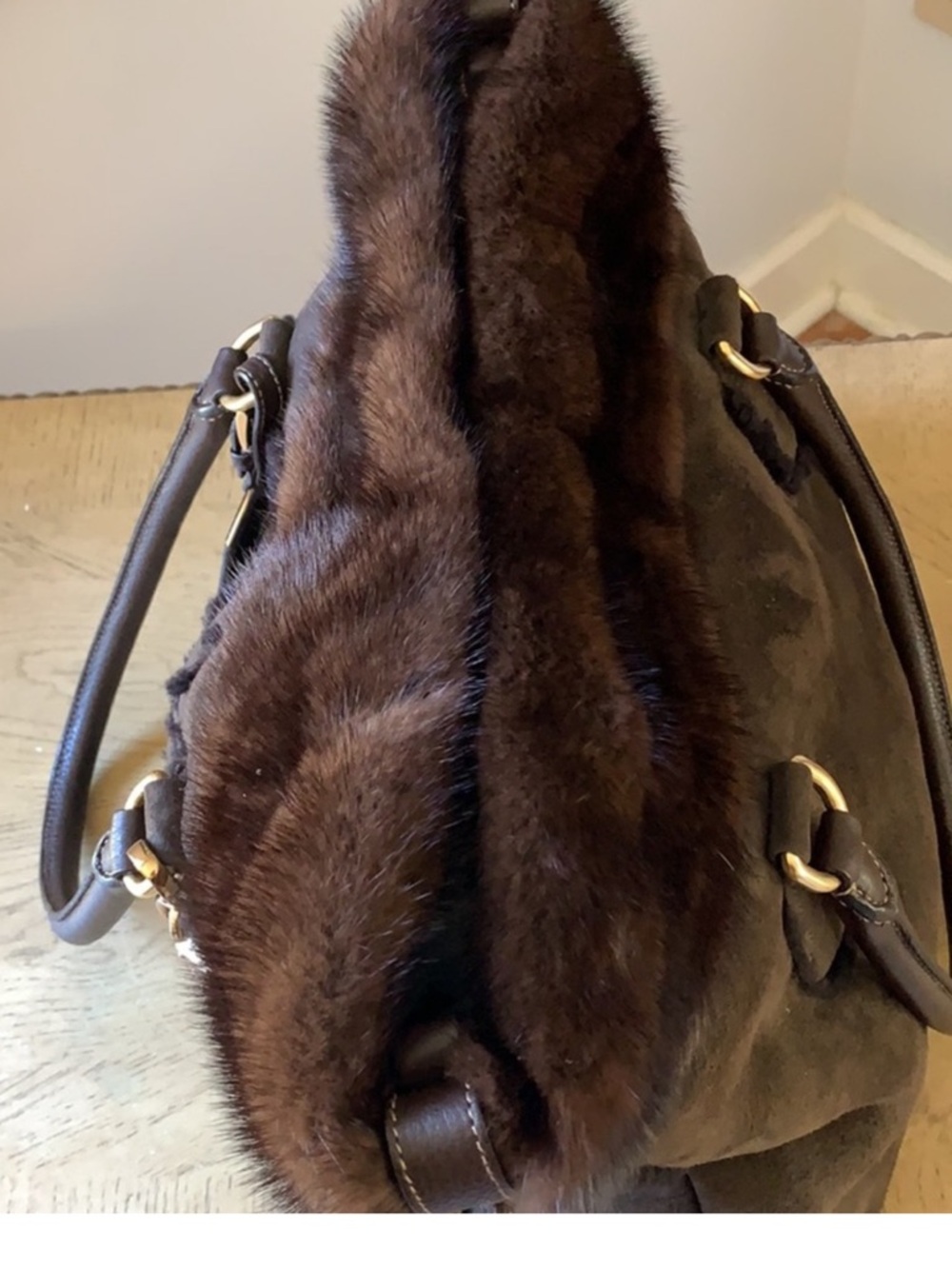 Prada Brown Suede Tote with Mink Fur Trim and Gold Hardware - Picture 3 of 15